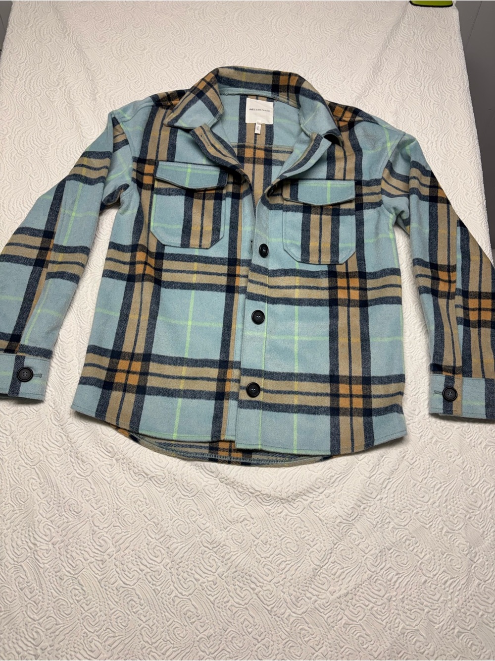 Avec Les Filles Light Blue Plaid Shacket with Tan and Navy